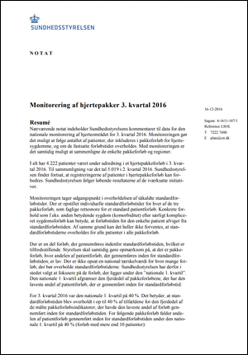 Notat om monitorering af hjertepakker 3. kvartal 2016