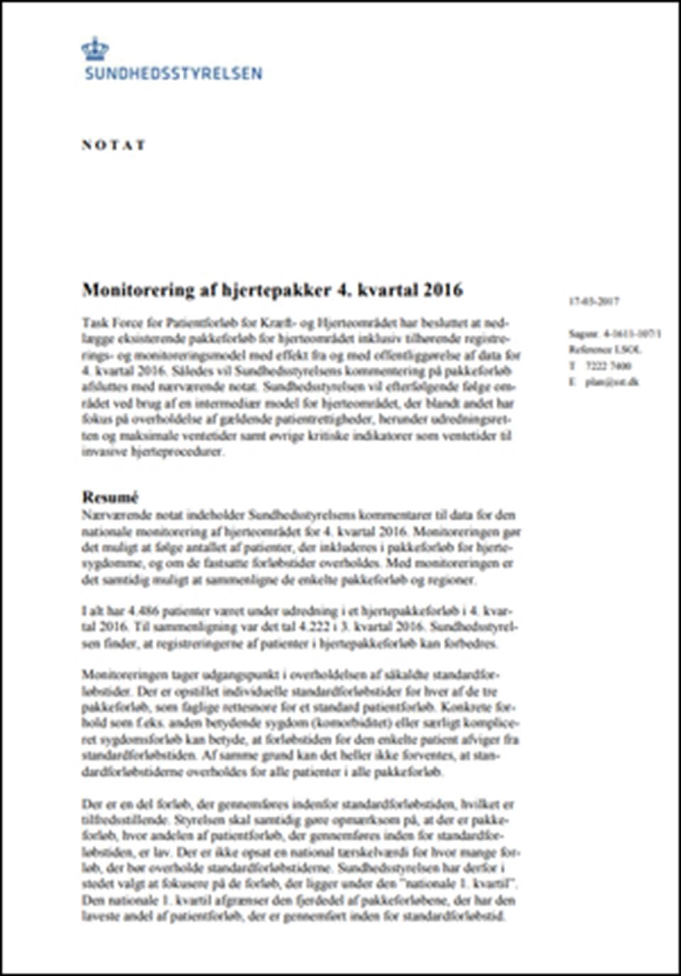 Notat om monitorering af hjertepakker 4. kvartal 2016
