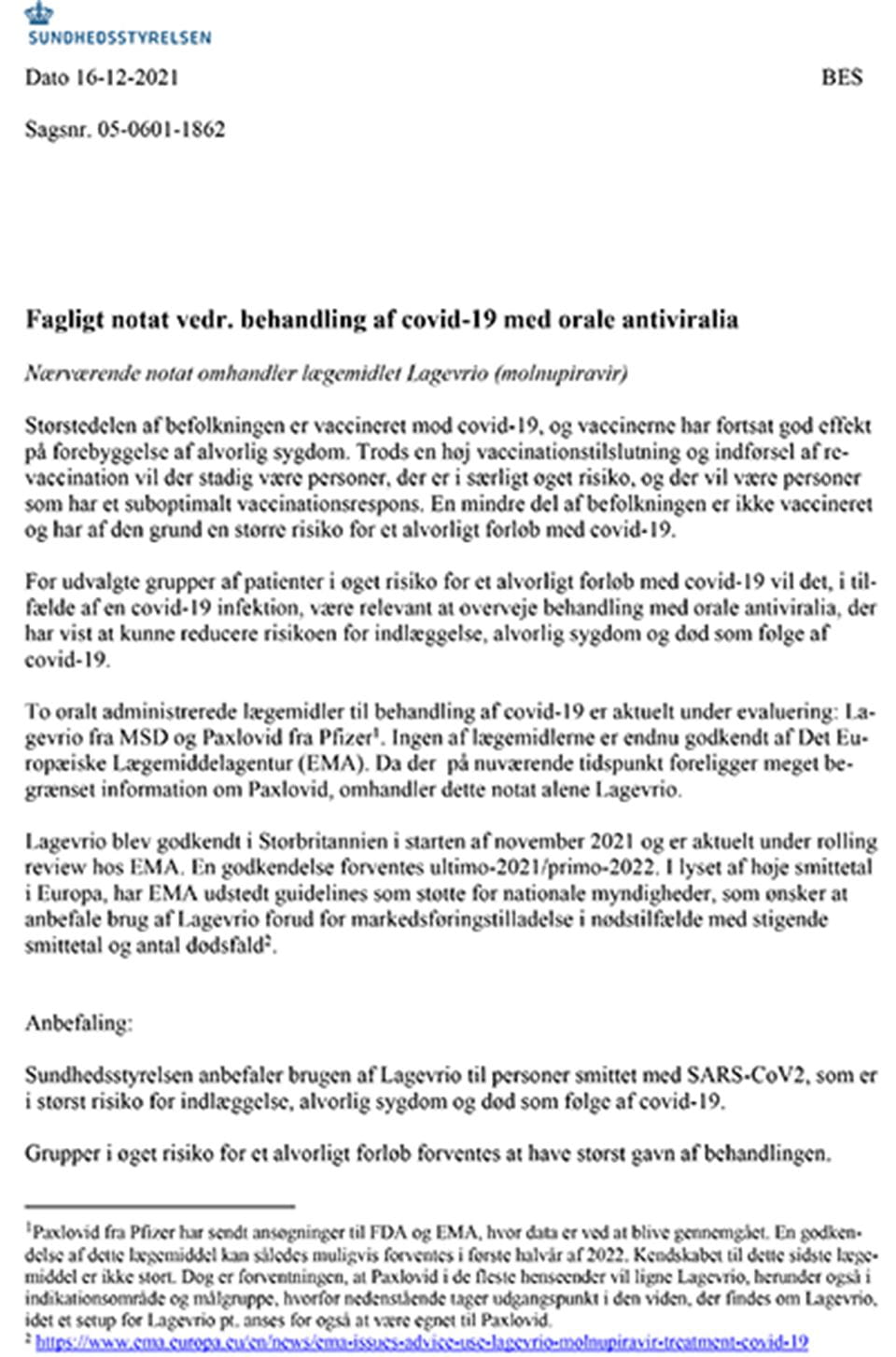 Fagligt notat vedrørende behandling af covid-19 med orale antiviralia
