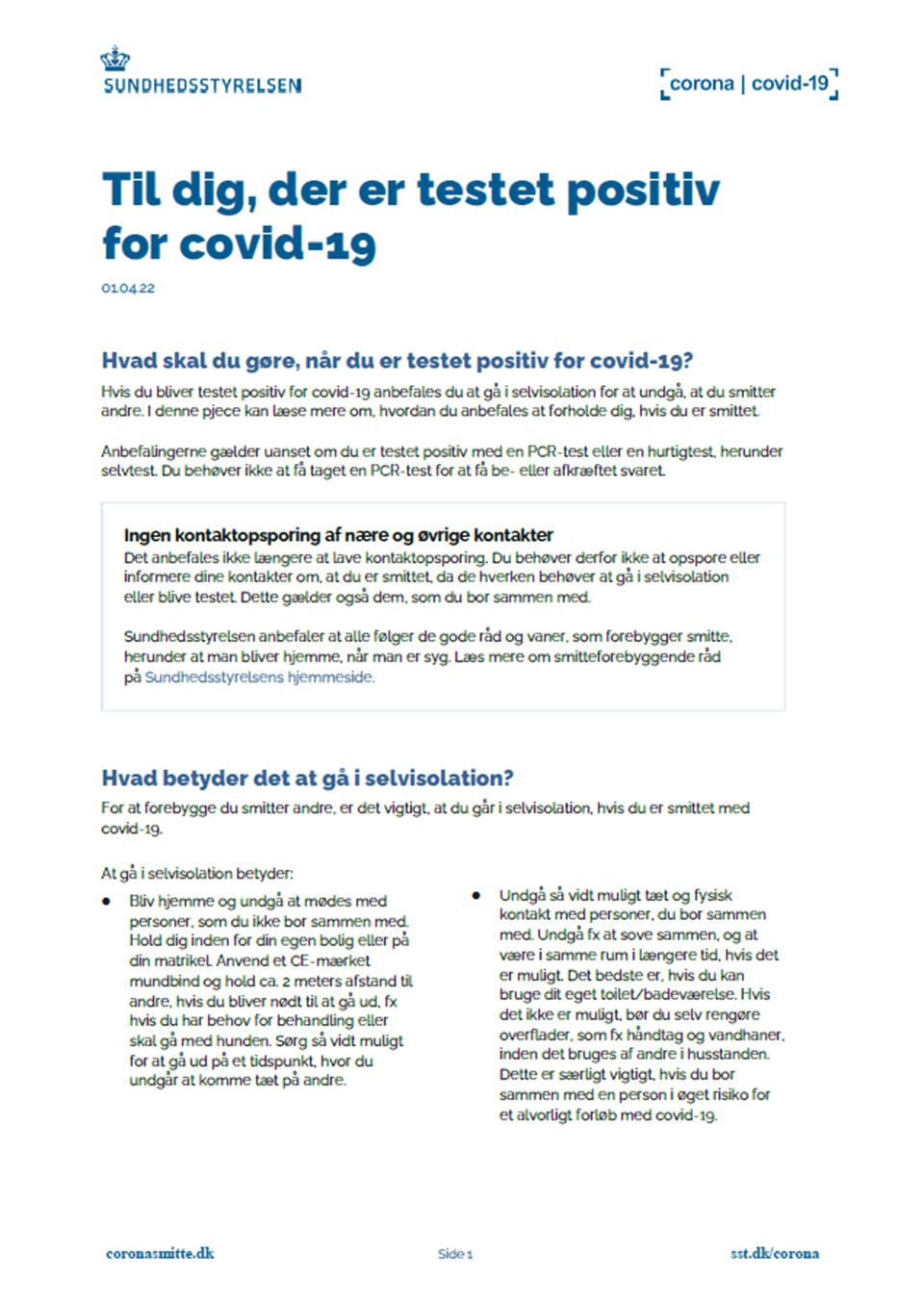 Forside af pjece til dig, der er testet positiv for covid-19