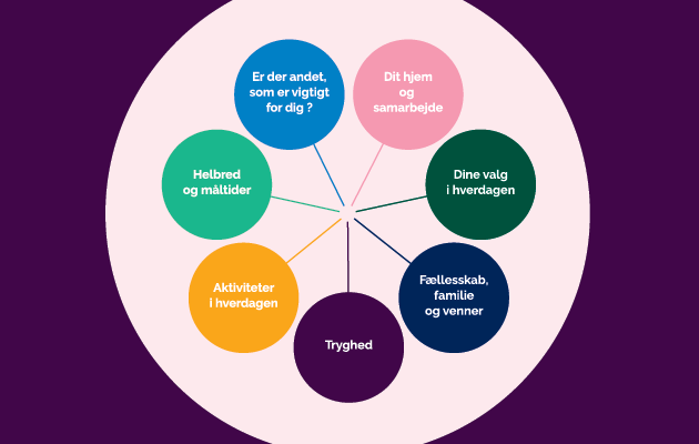 Grafik af Værdighedshjulet med de syv temaer